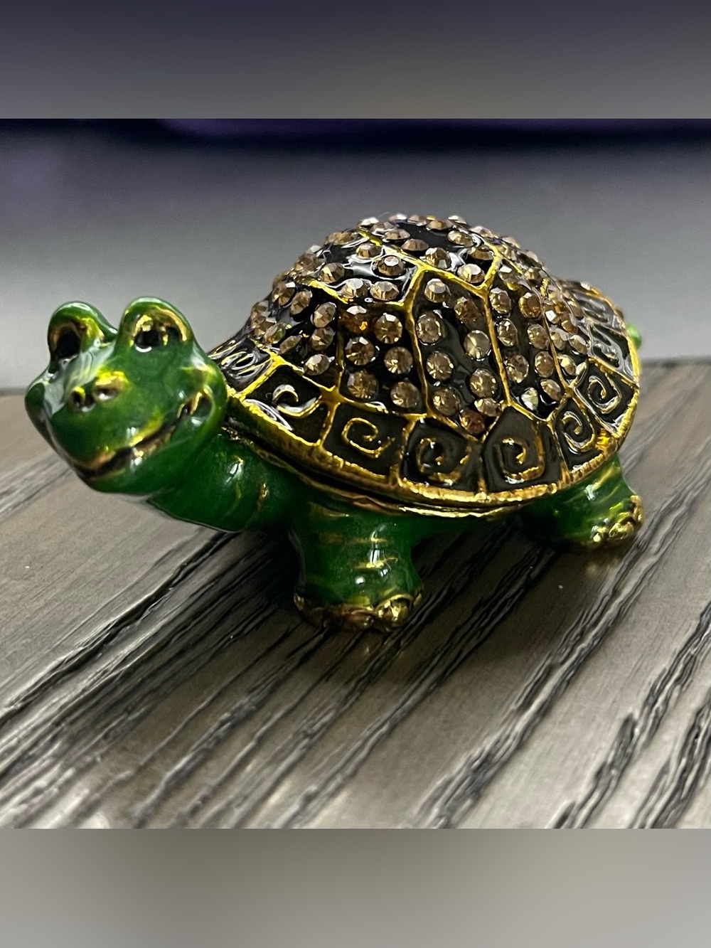 NWT Vtg Bejeweled Green Enameled Turtle Trinket Box Rhinestone Crystal